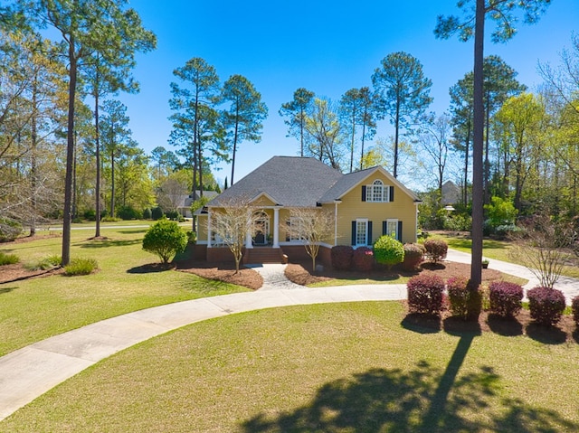 view of front of house featuring a front yard and curved driveway
