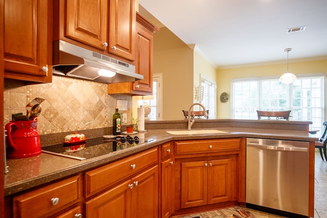 kitchen featuring dishwasher, sink, decorative backsplash, ornamental molding, and black electric stovetop