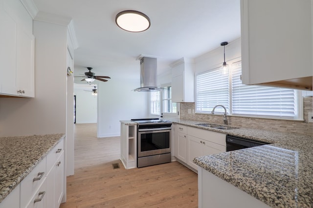 kitchen featuring sink, extractor fan, stainless steel electric stove, white cabinets, and light wood-type flooring