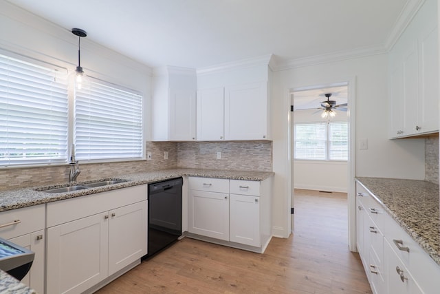 kitchen with dishwasher, hanging light fixtures, light hardwood / wood-style floors, light stone counters, and white cabinetry