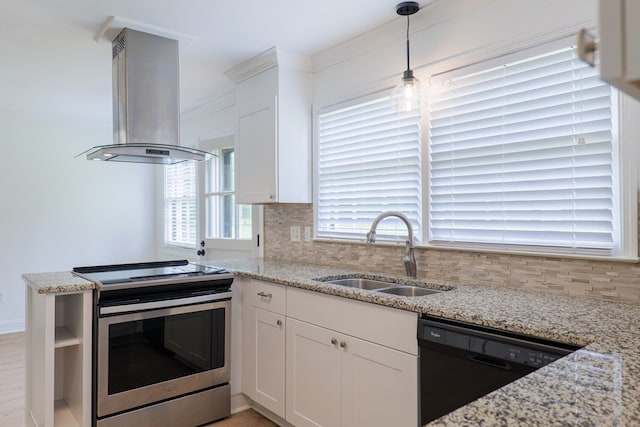 kitchen featuring white cabinetry, sink, black dishwasher, island exhaust hood, and stainless steel range with electric stovetop