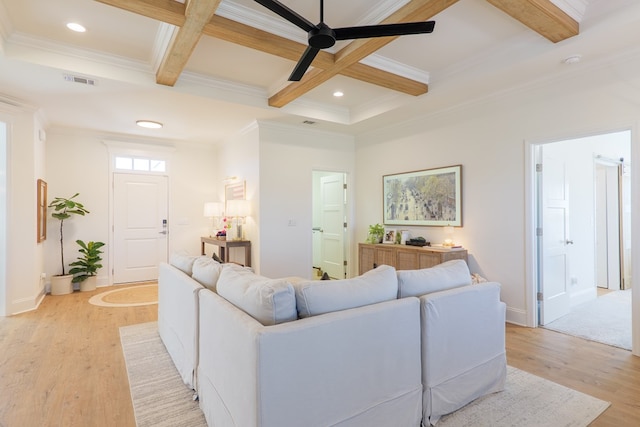 living area featuring light wood finished floors, coffered ceiling, and visible vents