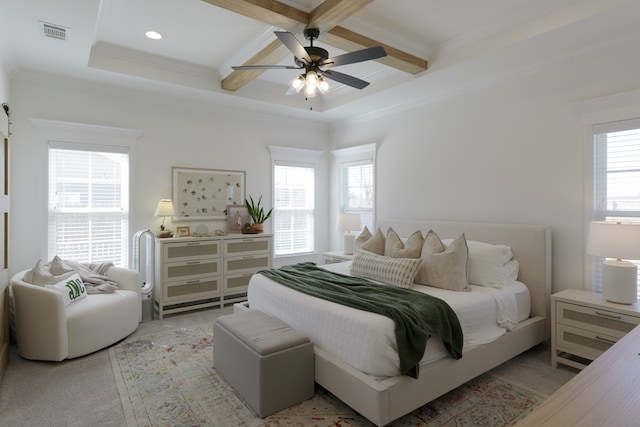 bedroom featuring beamed ceiling, multiple windows, coffered ceiling, and visible vents