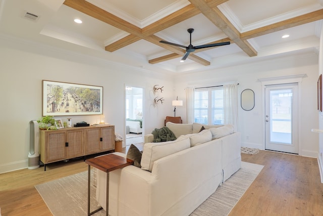 living area with coffered ceiling, visible vents, baseboards, light wood-type flooring, and beam ceiling