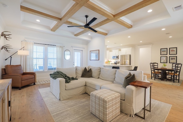 living room with coffered ceiling, beam ceiling, visible vents, and light wood-style flooring