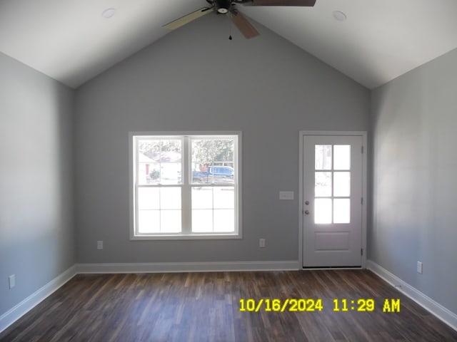 entrance foyer featuring ceiling fan, high vaulted ceiling, and dark hardwood / wood-style floors