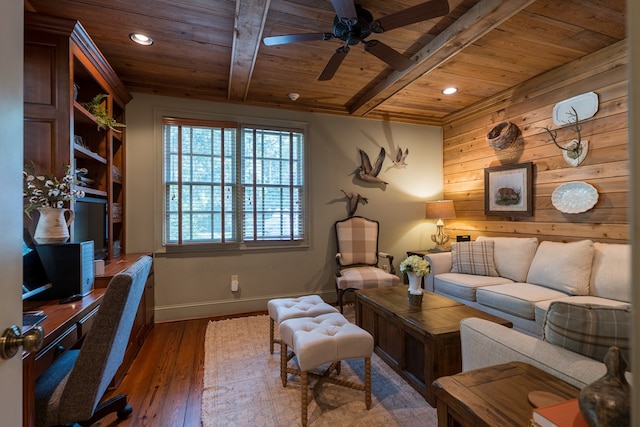 793 Lake Laurie Dr, Valdosta, GA 31605 - living room featuring hardwood / wood-style floors, wooden ceiling, baseboards, beam ceiling, and a ceiling fan