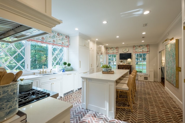 793 Lake Laurie Dr, Valdosta, GA 31605 - kitchen featuring ornamental molding, recessed lighting, brick floor, a sink, and a center island
