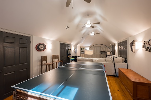 793 Lake Laurie Dr, Valdosta, GA 31605 - playroom with wood finished floors, visible vents, lofted ceiling, and ceiling fan