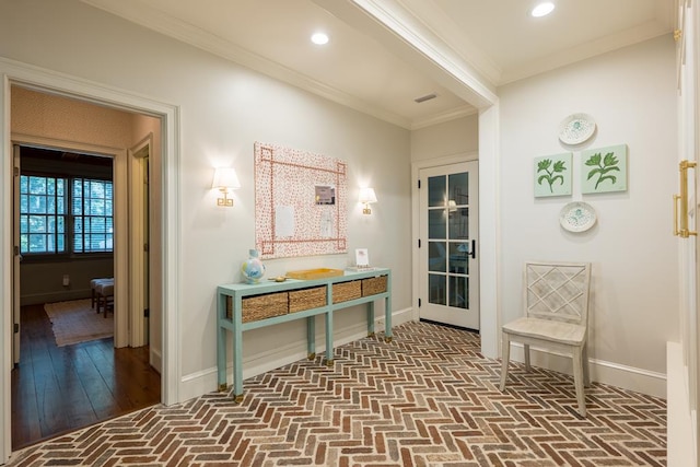 793 Lake Laurie Dr, Valdosta, GA 31605 - hallway with ornamental molding, brick floor, baseboards, and recessed lighting
