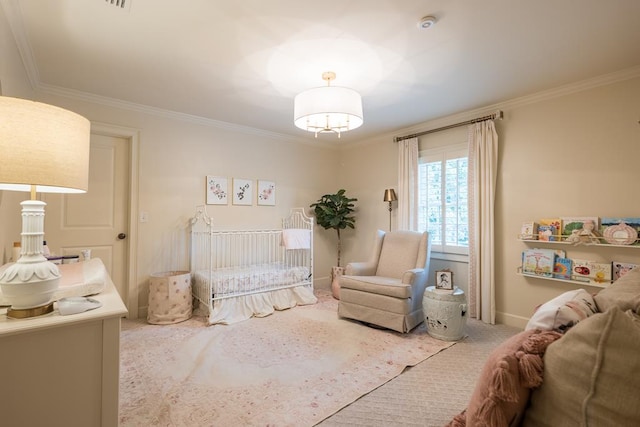 793 Lake Laurie Dr, Valdosta, GA 31605 - carpeted bedroom with baseboards, a notable chandelier, and crown molding
