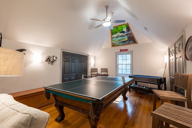 793 Lake Laurie Dr, Valdosta, GA 31605 - playroom with wood-type flooring, a ceiling fan, high vaulted ceiling, and visible vents