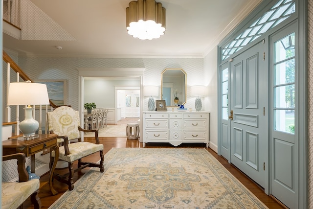 793 Lake Laurie Dr, Valdosta, GA 31605 - interior space with ornamental molding, wallpapered walls, and dark wood finished floors