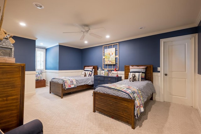 793 Lake Laurie Dr, Valdosta, GA 31605 - carpeted bedroom featuring a wainscoted wall, a ceiling fan, recessed lighting, and crown molding