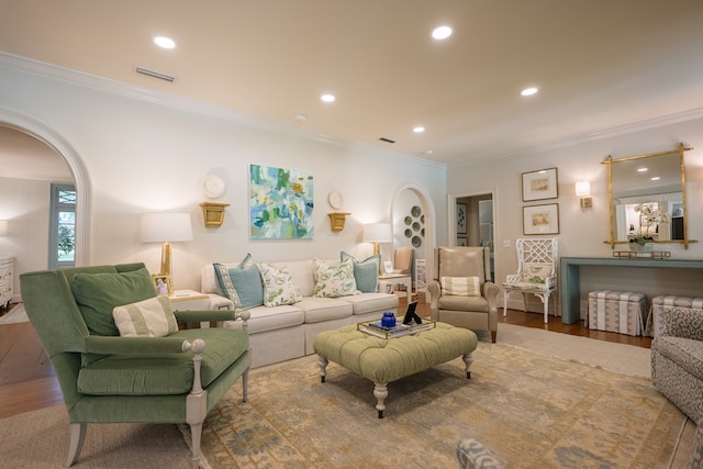 793 Lake Laurie Dr, Valdosta, GA 31605 - living area with visible vents, ornamental molding, wood finished floors, and recessed lighting
