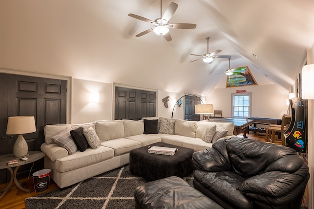 793 Lake Laurie Dr, Valdosta, GA 31605 - living area with a ceiling fan, high vaulted ceiling, and wood finished floors