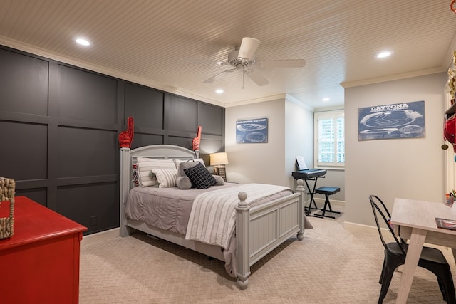 793 Lake Laurie Dr, Valdosta, GA 31605 - bedroom with a decorative wall, crown molding, baseboards, recessed lighting, and light colored carpet