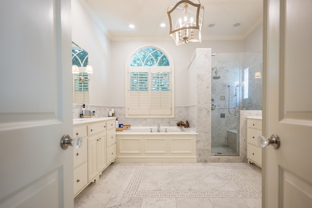 793 Lake Laurie Dr, Valdosta, GA 31605 - full bath featuring a chandelier, ornamental molding, a garden tub, and a shower stall