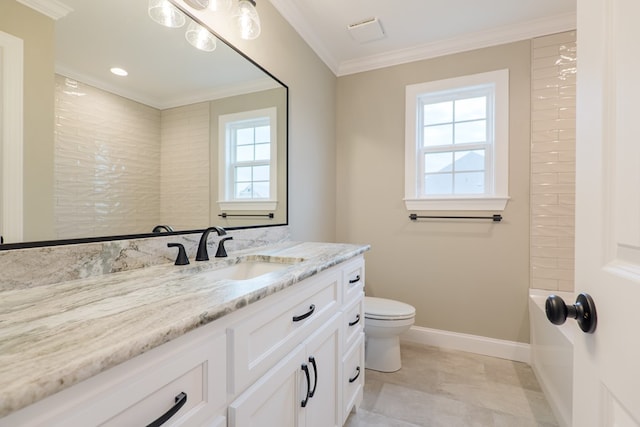 144 Audrey Ln, Hahira, GA 31632 - bathroom featuring toilet, ornamental molding, baseboards, vanity, and recessed lighting