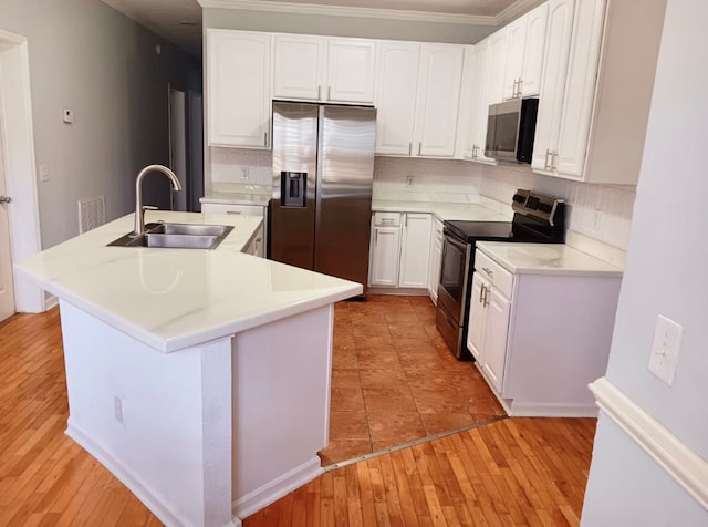 kitchen featuring white cabinets, light hardwood / wood-style floors, sink, and stainless steel appliances