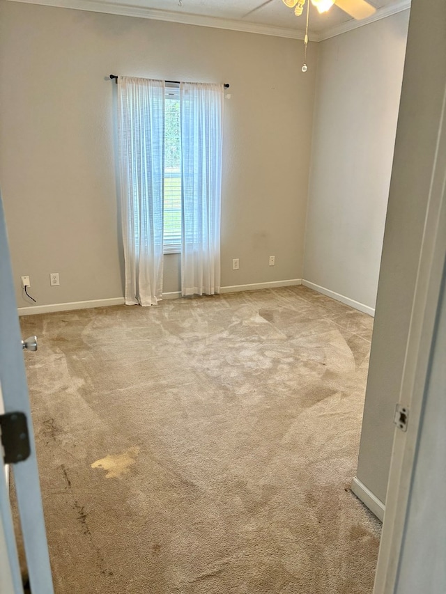 carpeted empty room with crown molding and ceiling fan