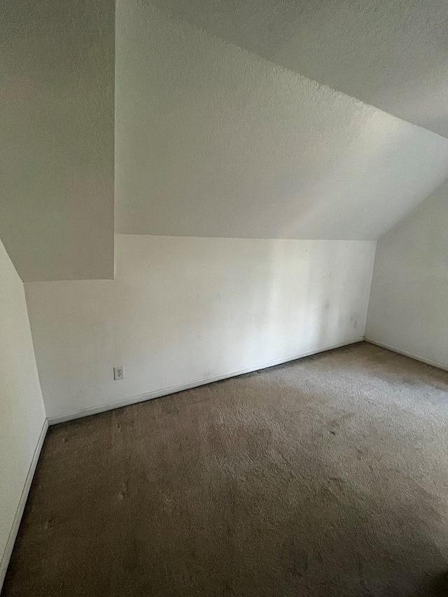 additional living space with a textured ceiling, vaulted ceiling, and dark carpet