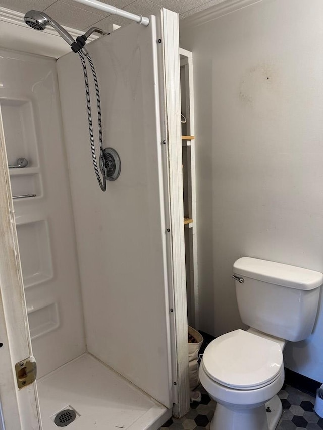 bathroom featuring a stall shower and toilet