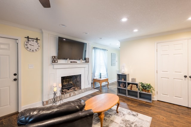 living room featuring hardwood / wood-style floors, a fireplace, ornamental molding, and a textured ceiling