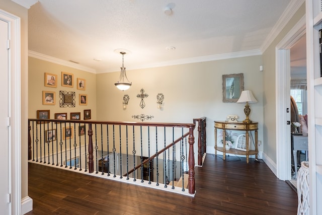 corridor with ornamental molding, dark hardwood / wood-style floors, and a textured ceiling