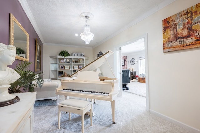 misc room featuring crown molding, light colored carpet, and a textured ceiling