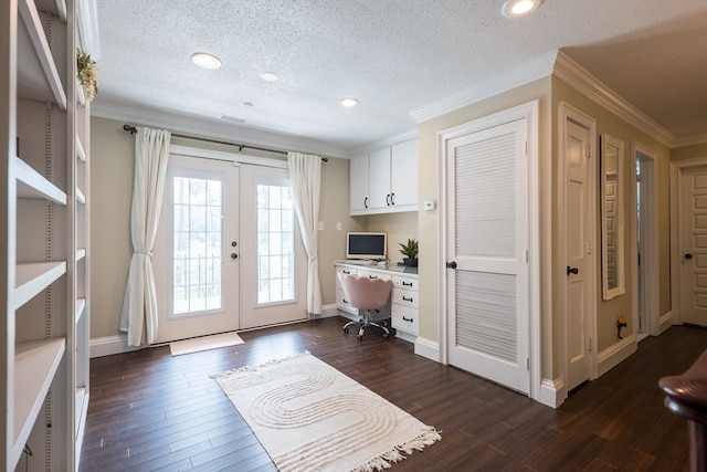 office area with crown molding, dark hardwood / wood-style flooring, and french doors