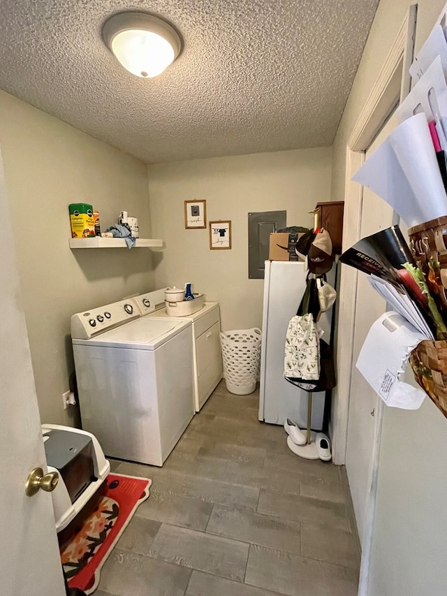 clothes washing area with a textured ceiling, electric panel, washer and dryer, wood finished floors, and laundry area