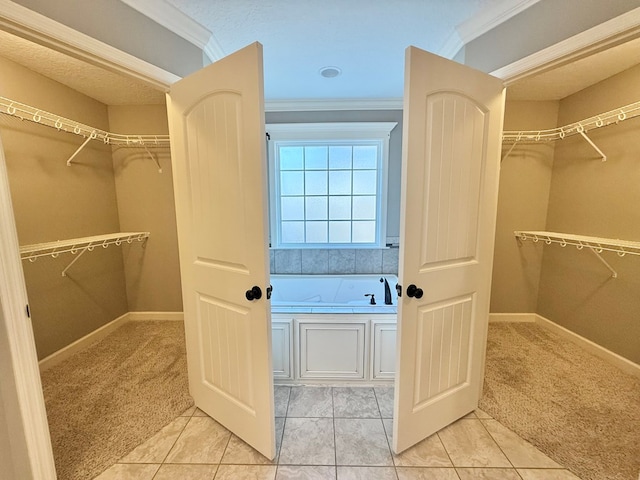 spacious closet featuring light colored carpet