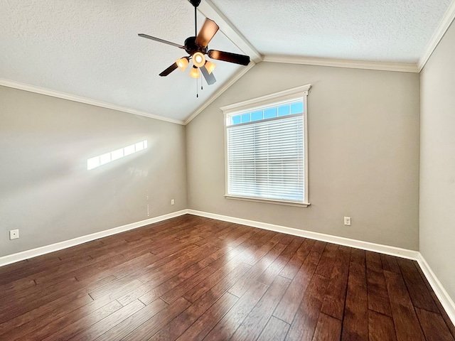 unfurnished room with a textured ceiling, dark hardwood / wood-style flooring, vaulted ceiling, and crown molding