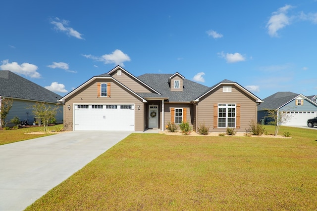 craftsman-style house with a garage and a front lawn