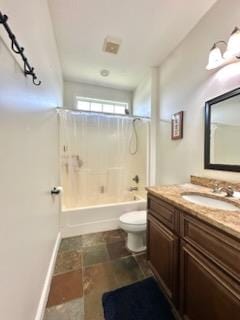 full bath featuring vanity, washtub / shower combination, baseboards, and toilet