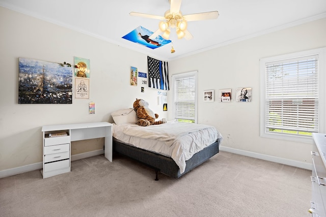 1166 Old Meadow Rd, Valdosta, GA 31605 - bedroom featuring crown molding, light colored carpet, and ceiling fan