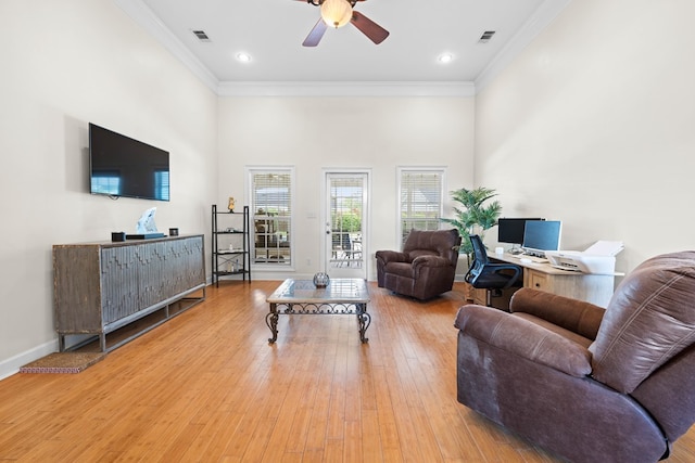 1166 Old Meadow Rd, Valdosta, GA 31605 - living room with ceiling fan, ornamental molding, wood finished floors, a desk, and recessed lighting
