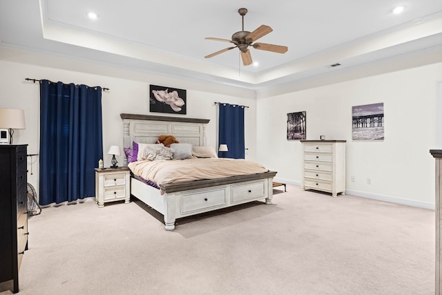 1166 Old Meadow Rd, Valdosta, GA 31605 - bedroom featuring a raised ceiling, light colored carpet, recessed lighting, crown molding, and a ceiling fan