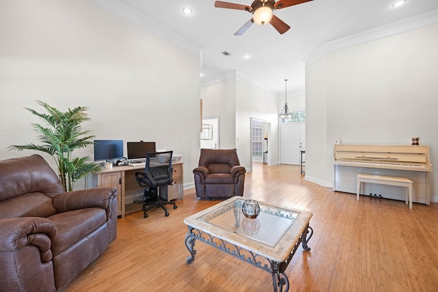 1166 Old Meadow Rd, Valdosta, GA 31605 - living room with a ceiling fan, a desk, recessed lighting, crown molding, and light wood-style flooring