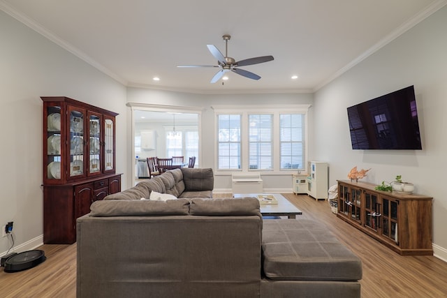 living room with hardwood / wood-style floors, crown molding, and ceiling fan