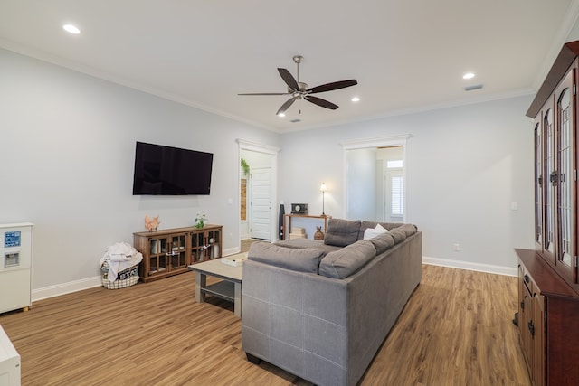 living room with crown molding, ceiling fan, and light wood-type flooring