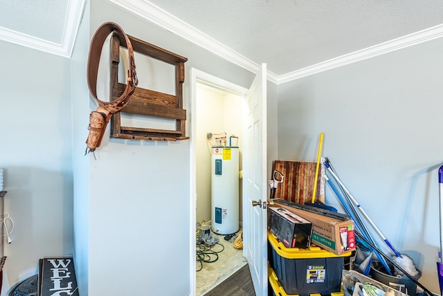 details with crown molding, wood-type flooring, water heater, and a textured ceiling