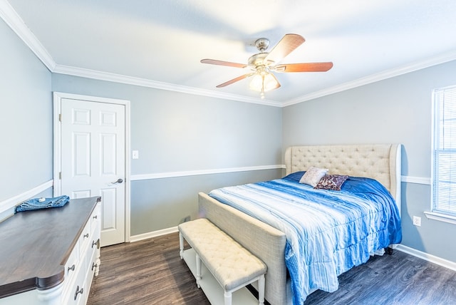 bedroom with dark hardwood / wood-style flooring, crown molding, multiple windows, and ceiling fan