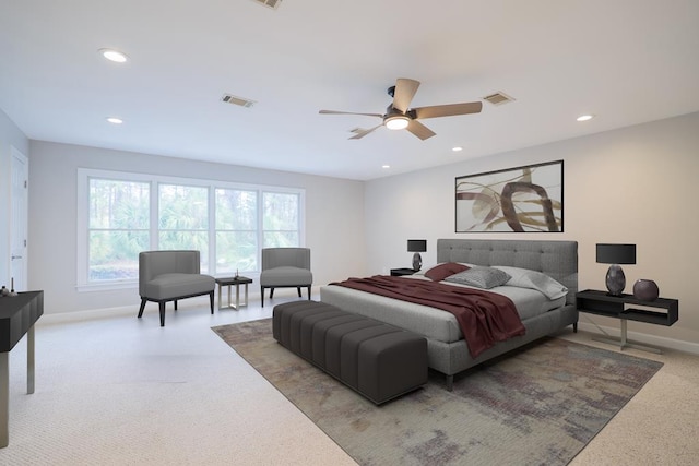 bedroom featuring a ceiling fan, recessed lighting, visible vents, and baseboards