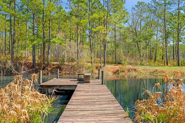 view of dock featuring a water view and a forest view