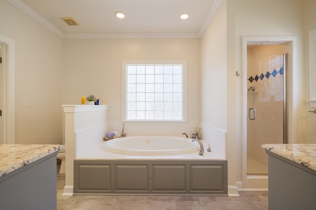 bathroom featuring a stall shower, visible vents, a garden tub, and crown molding