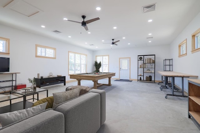 playroom featuring baseboards, pool table, visible vents, and recessed lighting