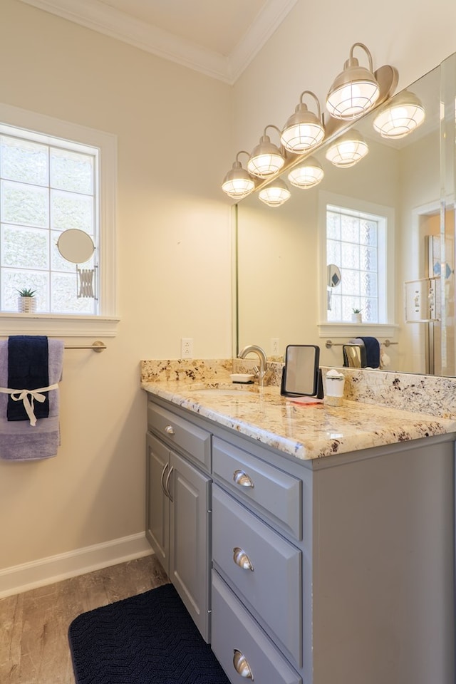 bathroom featuring crown molding, vanity, baseboards, and wood finished floors