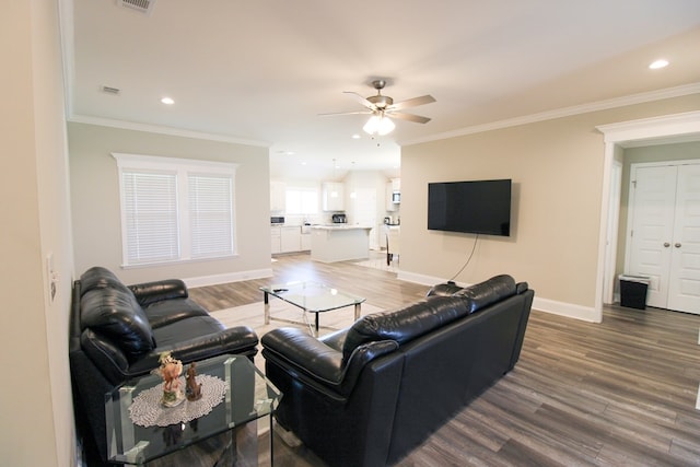 3968 Lu Ln, Hahira, GA 31632 - living room with crown molding, a ceiling fan, and light wood-style floors